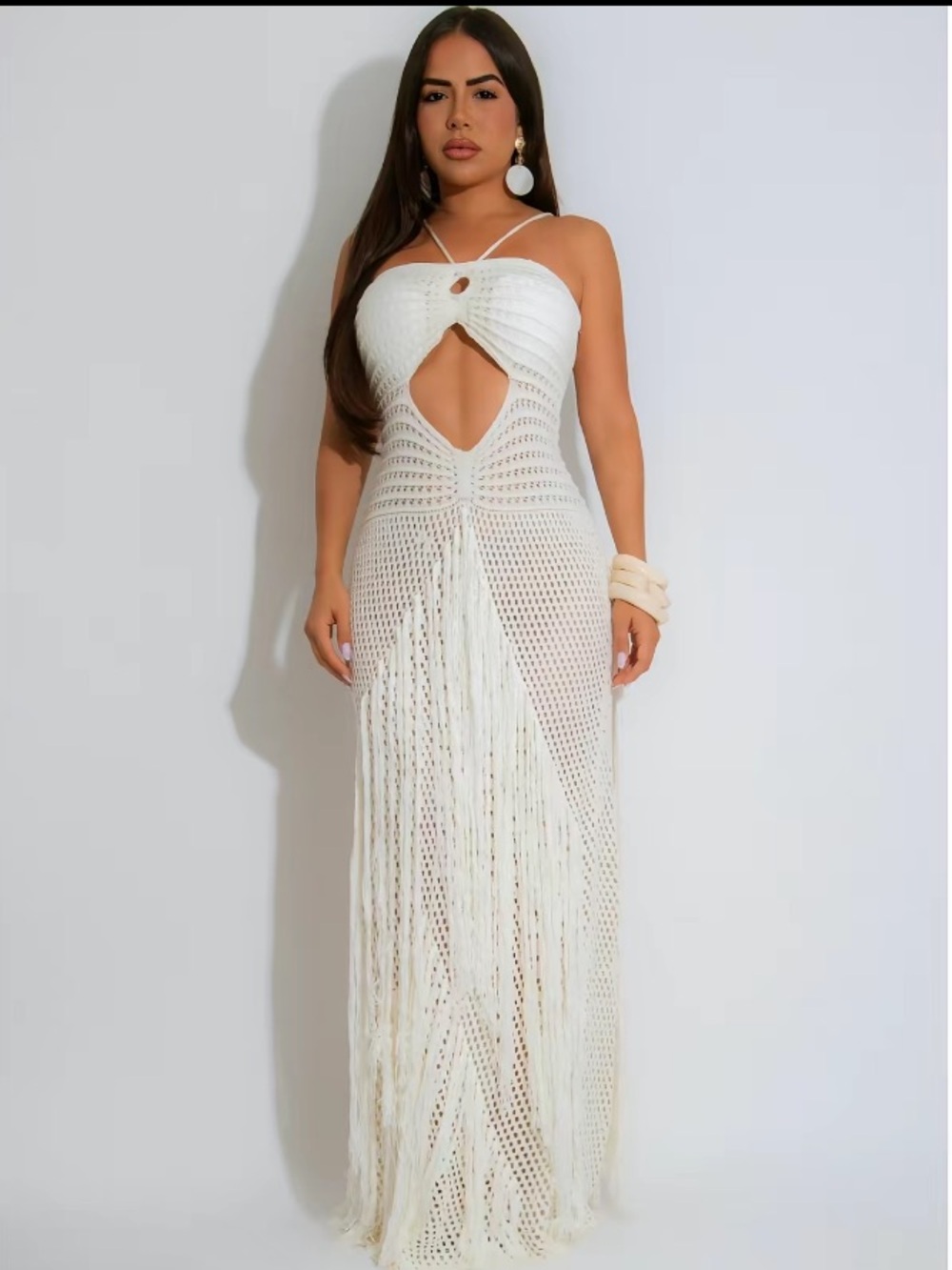 Ivory Strapless Beige Fringe Crochet Maxi Dress with Lace-Up Back